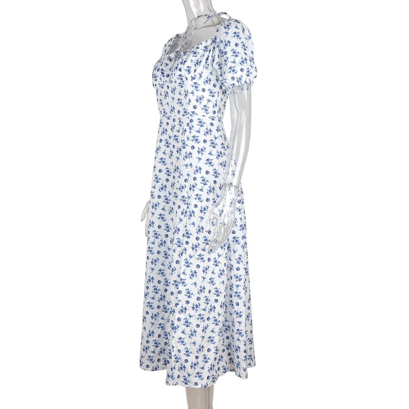 Summer Floral Print Party Long Dresses Puff Short Sleeve Elegant Club Chic Maxi Split Dresses The Clothing Company Sydney