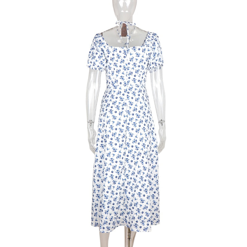 Summer Floral Print Party Long Dresses Puff Short Sleeve Elegant Club Chic Maxi Split Dresses The Clothing Company Sydney