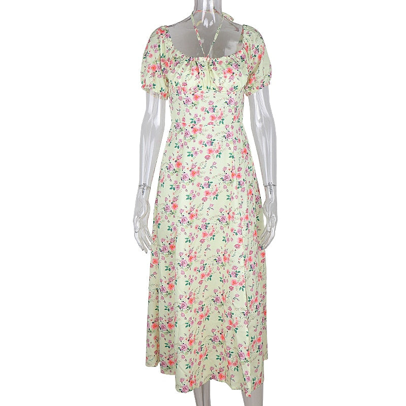 Summer Floral Print Party Long Dresses Puff Short Sleeve Elegant Club Chic Maxi Split Dresses The Clothing Company Sydney