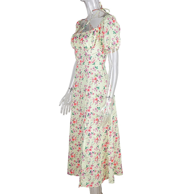 Summer Floral Print Party Long Dresses Puff Short Sleeve Elegant Club Chic Maxi Split Dresses The Clothing Company Sydney