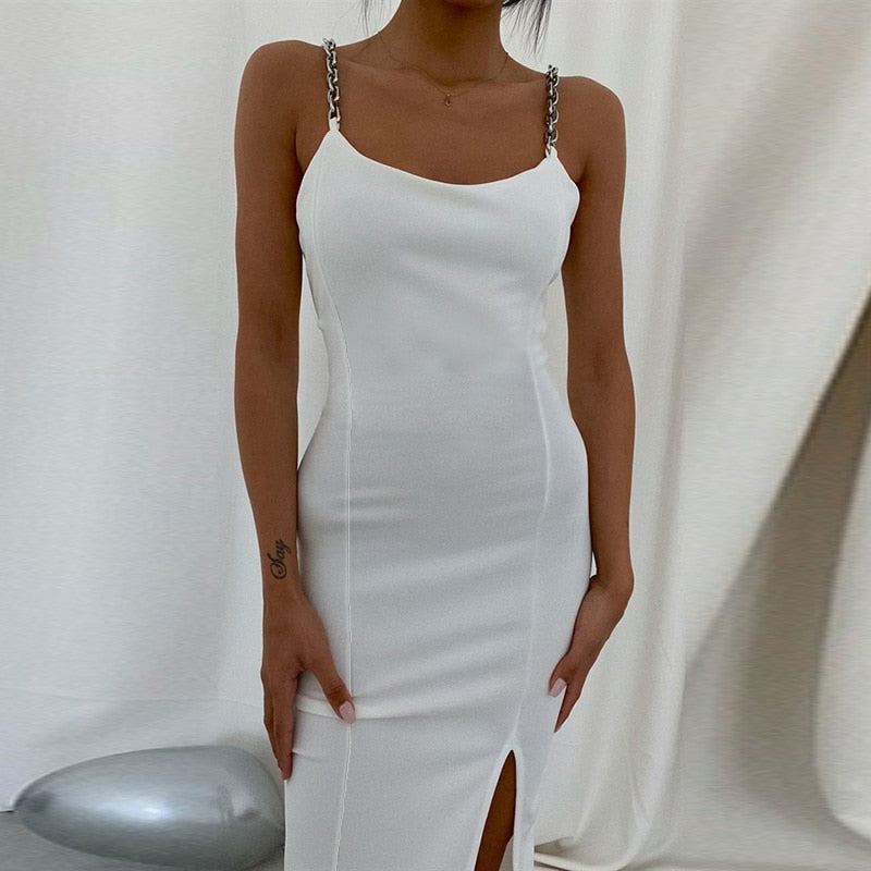 Elegant Chain Strapless Sleeveless Solid Basic Split Knee-Length Bodycon Summer Dress The Clothing Company Sydney