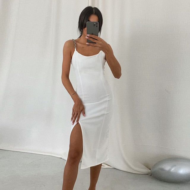 Elegant Chain Strapless Sleeveless Solid Basic Split Knee-Length Bodycon Summer Dress The Clothing Company Sydney