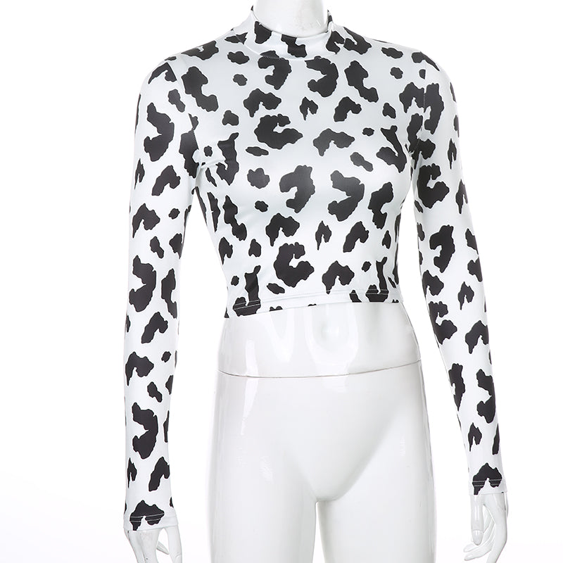 Cow Print Pattern Print Crop Top Long Sleeve Slim Fit Holiday Fashion Casual Short T Shirt Streetwear The Clothing Company Sydney