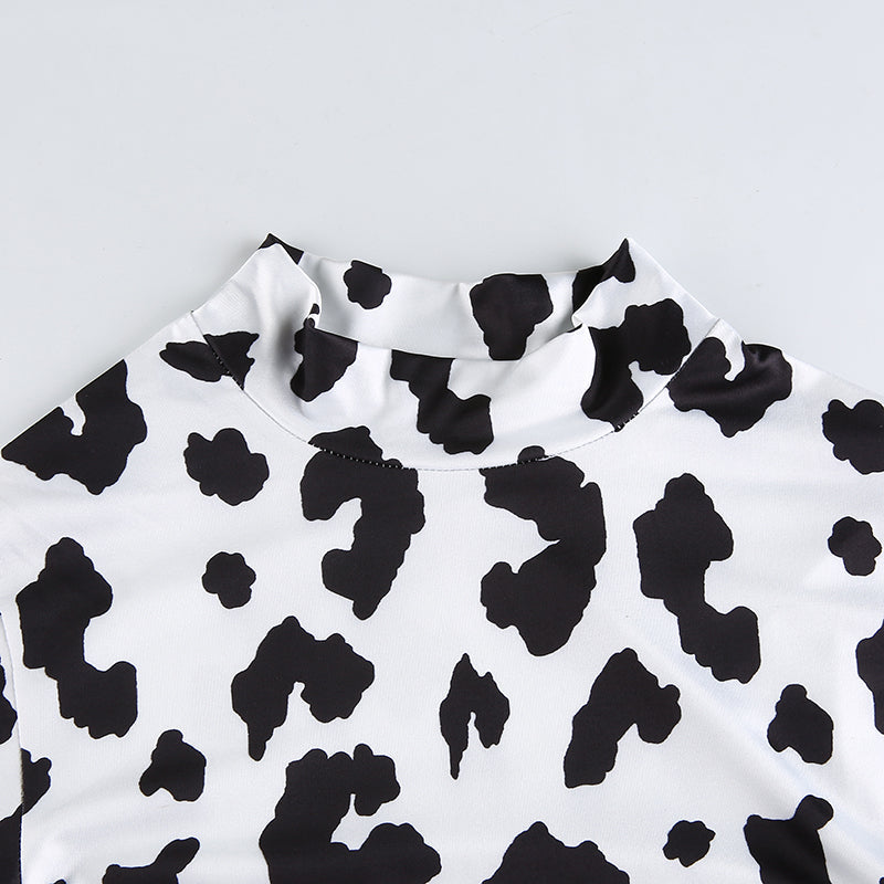 Cow Print Pattern Print Crop Top Long Sleeve Slim Fit Holiday Fashion Casual Short T Shirt Streetwear The Clothing Company Sydney