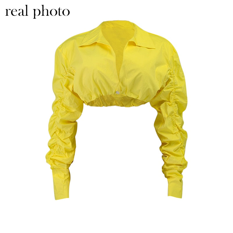 Button Ruched White Puff Sleeve Blouse Shirts Women's Long Sleeve Crop Blouses Solid Top The Clothing Company Sydney