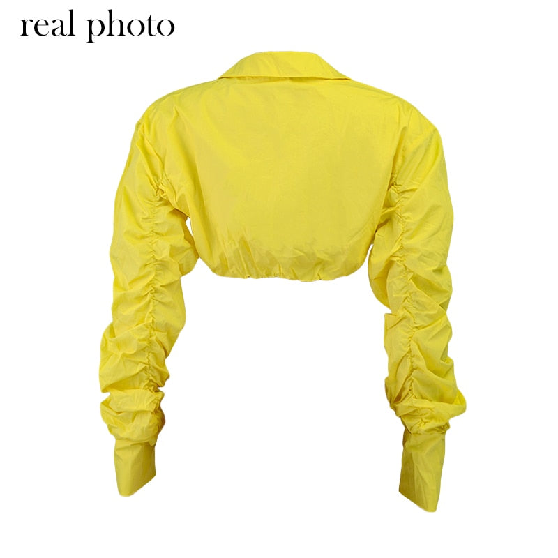 Button Ruched White Puff Sleeve Blouse Shirts Women's Long Sleeve Crop Blouses Solid Top The Clothing Company Sydney