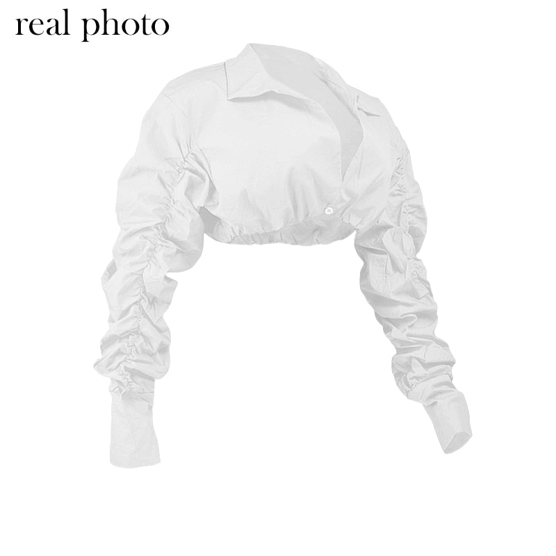 Button Ruched White Puff Sleeve Blouse Shirts Women's Long Sleeve Crop Blouses Solid Top The Clothing Company Sydney