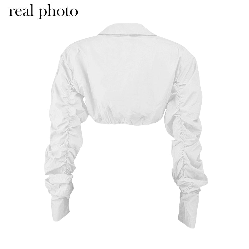 Button Ruched White Puff Sleeve Blouse Shirts Women's Long Sleeve Crop Blouses Solid Top The Clothing Company Sydney