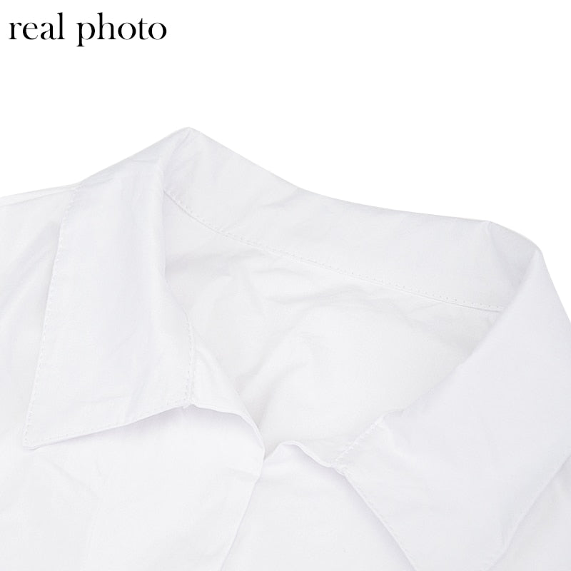 Button Ruched White Puff Sleeve Blouse Shirts Women's Long Sleeve Crop Blouses Solid Top The Clothing Company Sydney