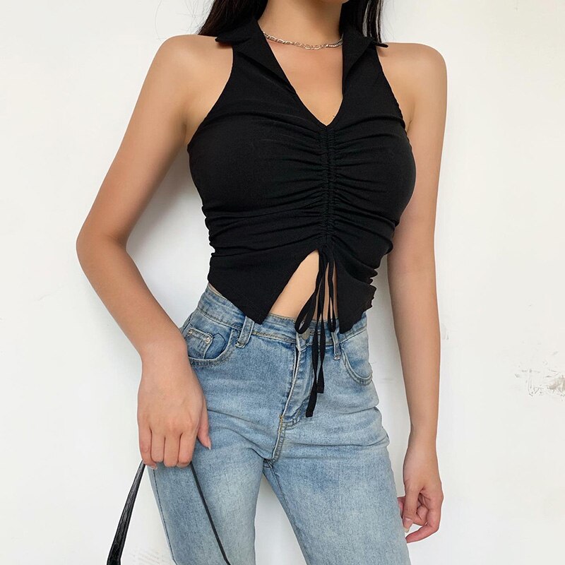 Deep V-Neck Sleeveless Tank Top Women Summer Crop Tops Ruched Drawstring Black Fashion Skinny Elastic Streetwear The Clothing Company Sydney