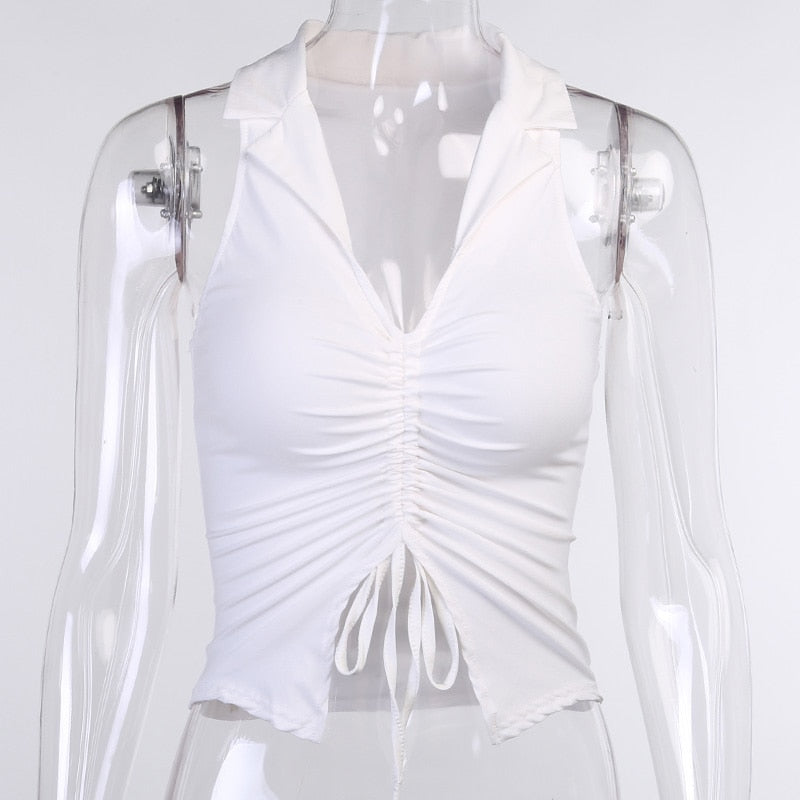 Deep V-Neck Sleeveless Tank Top Women Summer Crop Tops Ruched Drawstring Black Fashion Skinny Elastic Streetwear The Clothing Company Sydney