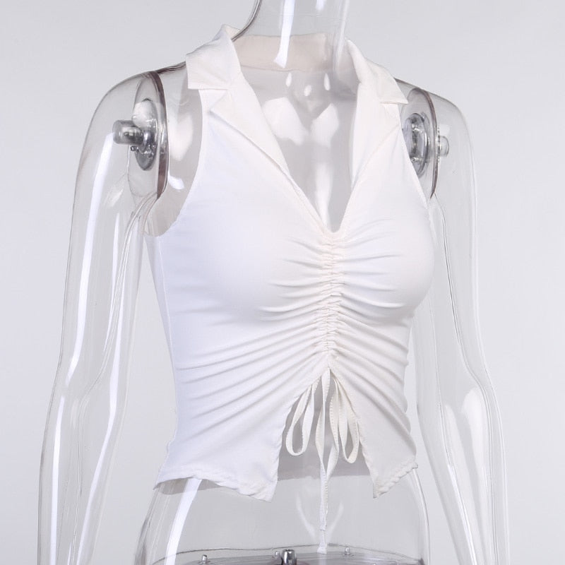 Deep V-Neck Sleeveless Tank Top Women Summer Crop Tops Ruched Drawstring Black Fashion Skinny Elastic Streetwear The Clothing Company Sydney