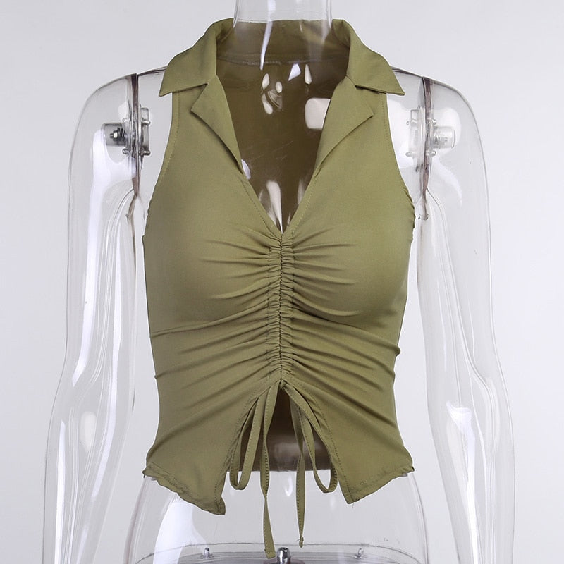 Deep V-Neck Sleeveless Tank Top Women Summer Crop Tops Ruched Drawstring Black Fashion Skinny Elastic Streetwear The Clothing Company Sydney