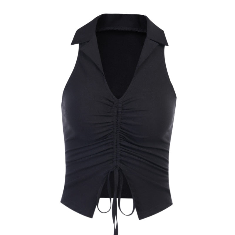 Deep V-Neck Sleeveless Tank Top Women Summer Crop Tops Ruched Drawstring Black Fashion Skinny Elastic Streetwear The Clothing Company Sydney
