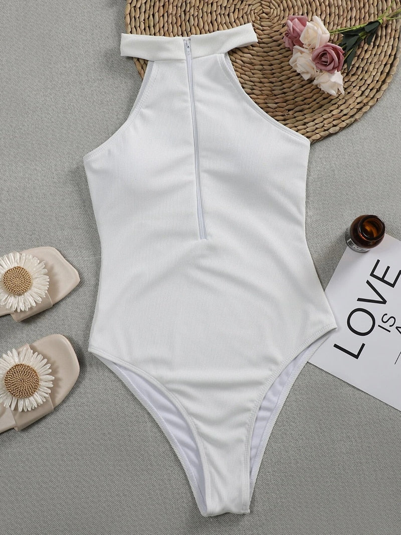 High neck Zipper Swimwear One Piece Swimsuit monokini High cut Trikini Ribbed Bathing Suit Swim Bodysuit The Clothing Company Sydney