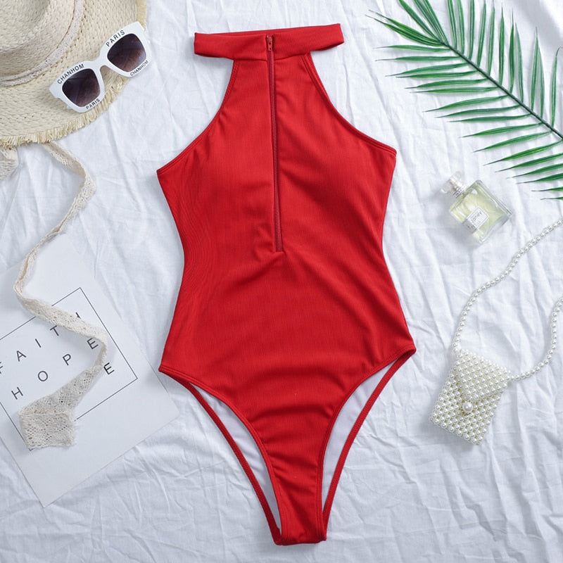 High neck Zipper Swimwear One Piece Swimsuit monokini High cut Trikini Ribbed Bathing Suit Swim Bodysuit The Clothing Company Sydney