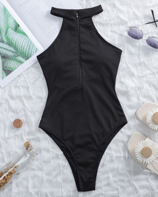 High neck Zipper Swimwear One Piece Swimsuit monokini High cut Trikini Ribbed Bathing Suit Swim Bodysuit The Clothing Company Sydney