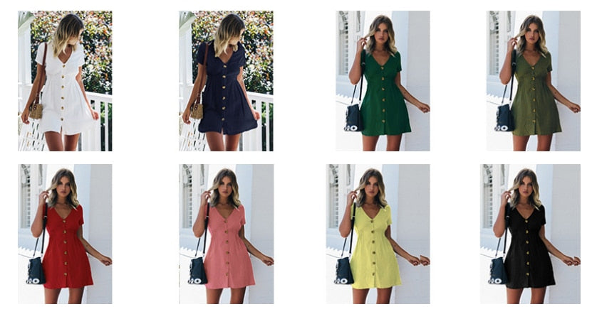 Spring/Summer Pure Color Single Row Buttons V-Neck Slim High Waist Casual Dress The Clothing Company Sydney