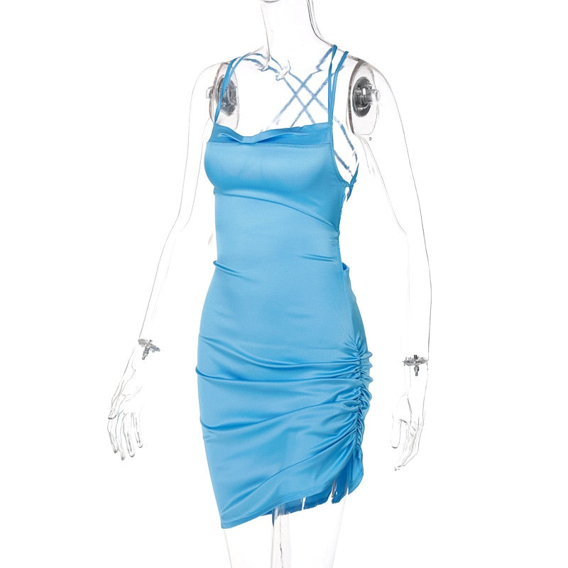 Satin Strap Mini Ruched Lace Up Cross Bandage Backless Bodycon Party Elegant Club Beach Slim Dress The Clothing Company Sydney