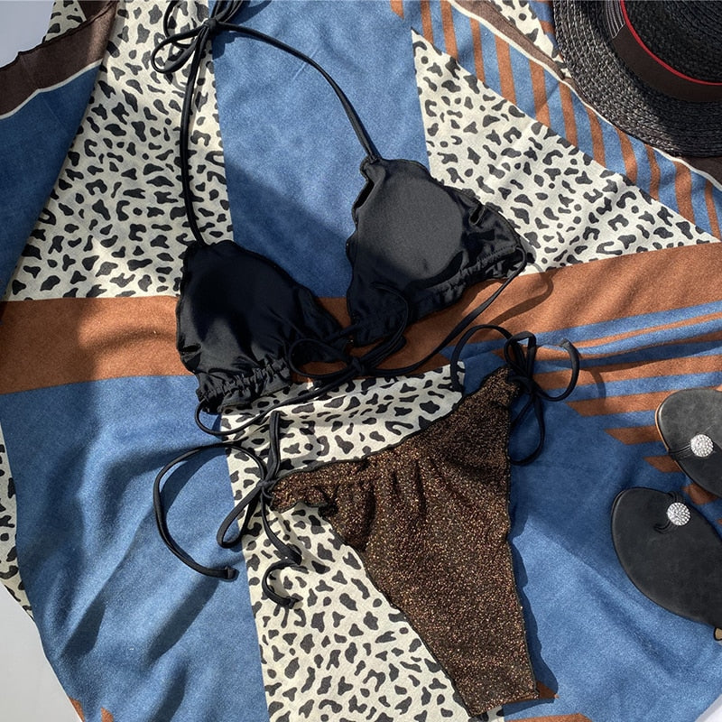 2 Piece Pink Ruffled Frilled Bikini swimsuit swimwear Two piece bikini set Halter Bather String bathing suit The Clothing Company Sydney