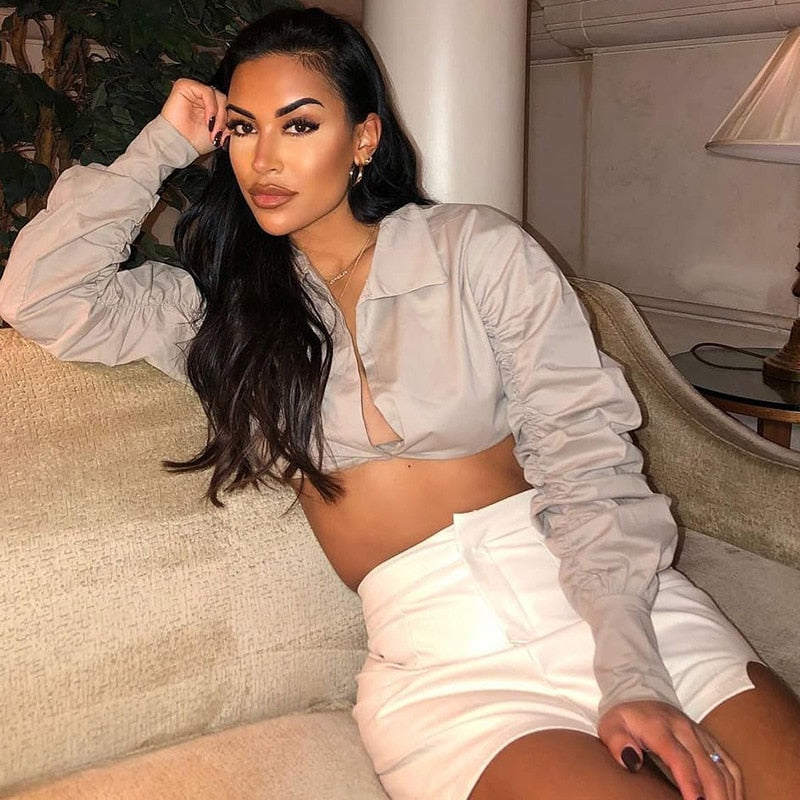 Button Ruched White Puff Sleeve Blouse Shirts Women's Long Sleeve Crop Blouses Solid Top The Clothing Company Sydney