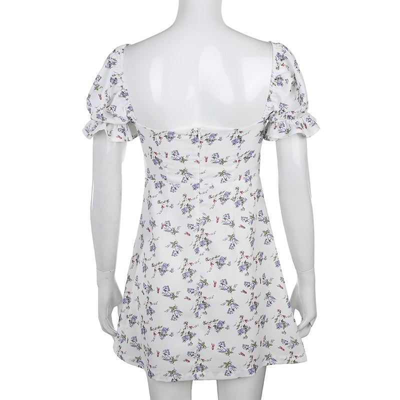 White Floral Bandage Ruched Office Puff  Sleeve High Street A line Summer Casual Mini Dress The Clothing Company Sydney