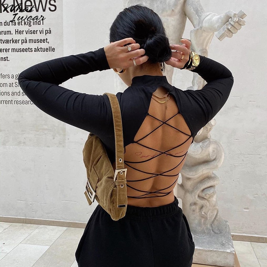 Cotton mix hollow out sexy tshirt bandage backless long sleeve tops slim bodycon streetwear The Clothing Company Sydney