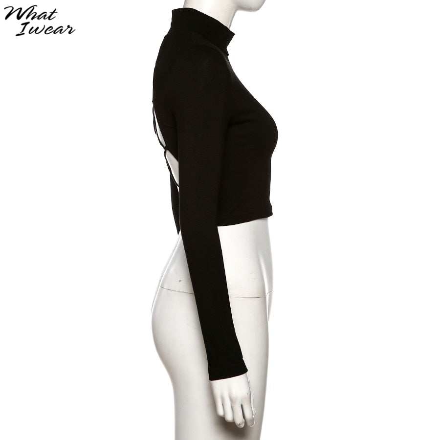 Cotton mix hollow out sexy tshirt bandage backless long sleeve tops slim bodycon streetwear The Clothing Company Sydney