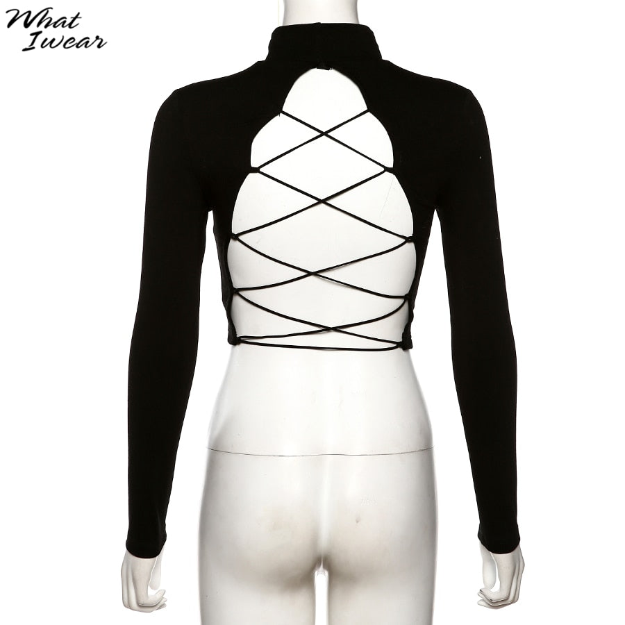 Cotton mix hollow out sexy tshirt bandage backless long sleeve tops slim bodycon streetwear The Clothing Company Sydney