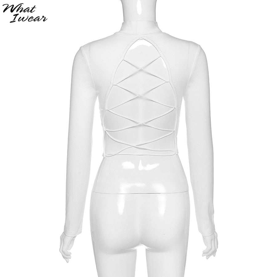 Cotton mix hollow out sexy tshirt bandage backless long sleeve tops slim bodycon streetwear The Clothing Company Sydney