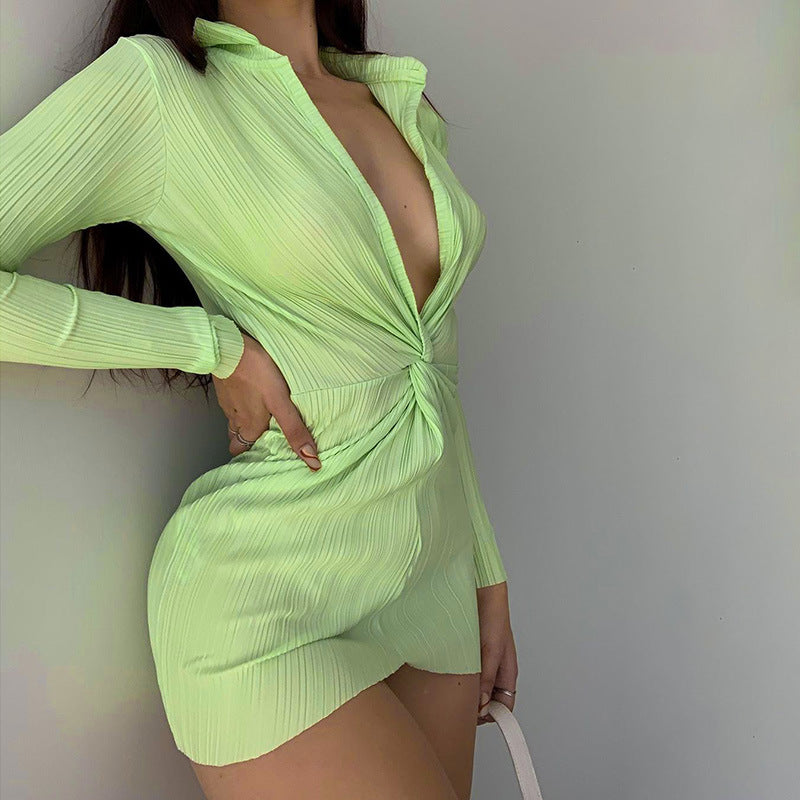 Autumn Fashion Turn-Down Collar Shirt Ruched V Neck Long Sleeve Button Up Mini Dress The Clothing Company Sydney
