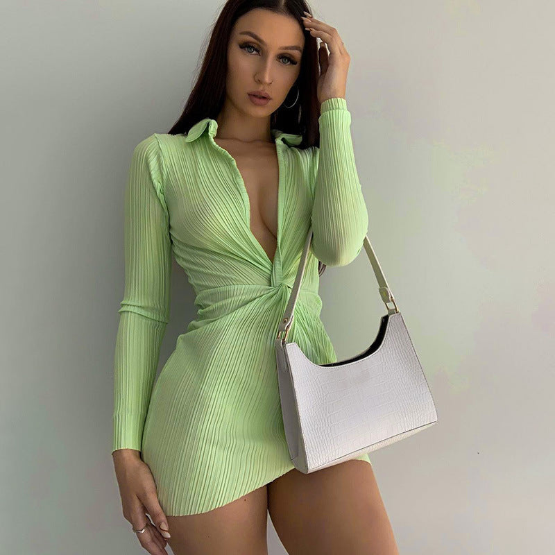 Autumn Fashion Turn-Down Collar Shirt Ruched V Neck Long Sleeve Button Up Mini Dress The Clothing Company Sydney