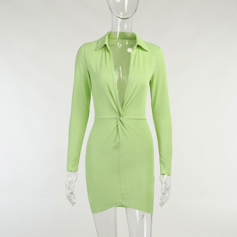 Autumn Fashion Turn-Down Collar Shirt Ruched V Neck Long Sleeve Button Up Mini Dress The Clothing Company Sydney