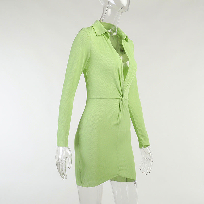Autumn Fashion Turn-Down Collar Shirt Ruched V Neck Long Sleeve Button Up Mini Dress The Clothing Company Sydney