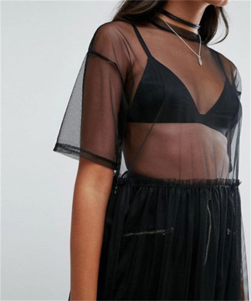 Summer Mesh Mini Dress Female Holiday O Collar Party Casual Dress Black Lace Dress The Clothing Company Sydney