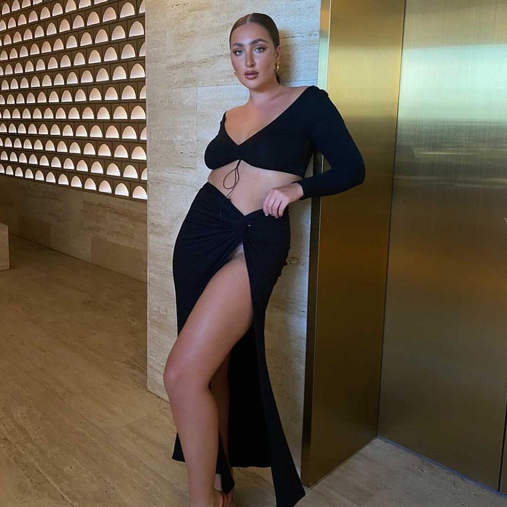 Autumn Fashion Outfits Top and Skirt Set Drawstring Ruched Long Sleeve Two Piece Set Bodycon Skirts Split The Clothing Company Sydney