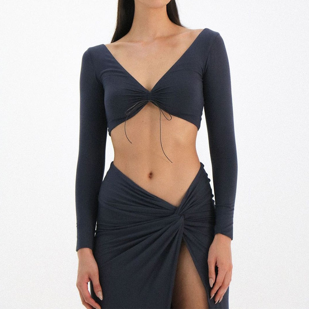 Autumn Fashion Outfits Top and Skirt Set Drawstring Ruched Long Sleeve Two Piece Set Bodycon Skirts Split The Clothing Company Sydney