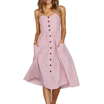 Summer Midi Women's Sling Backless Sleeveless Button Striped Dot Print Solid Beach Dress With Pockets The Clothing Company Sydney