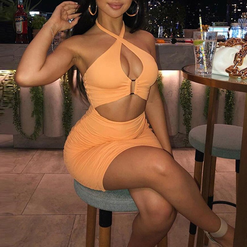 Halter Ruched Bodycon Dress Cut Out Backless Sexy Summer Mini Party Night Club Dress The Clothing Company Sydney