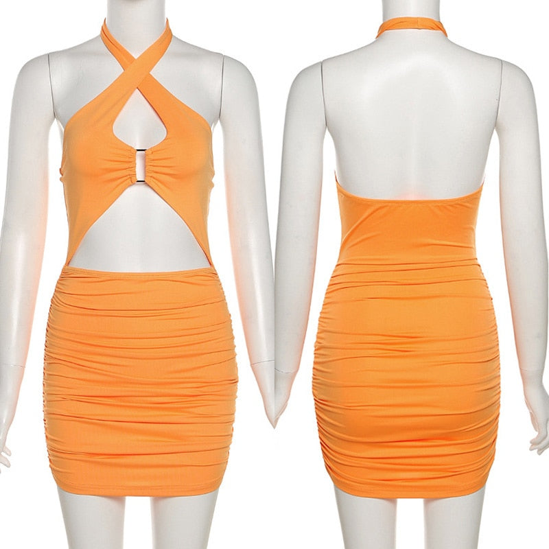 Halter Ruched Bodycon Dress Cut Out Backless Sexy Summer Mini Party Night Club Dress The Clothing Company Sydney