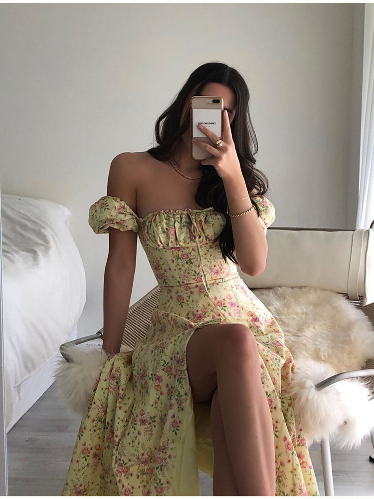 Summer Floral Print Party Long Dresses Puff Short Sleeve Elegant Club Chic Maxi Split Dresses The Clothing Company Sydney