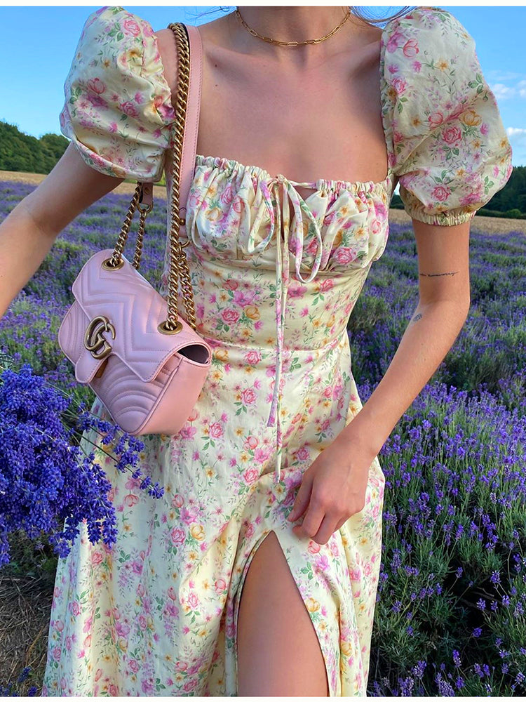 Summer Floral Print Party Long Dresses Puff Short Sleeve Elegant Club Chic Maxi Split Dresses The Clothing Company Sydney