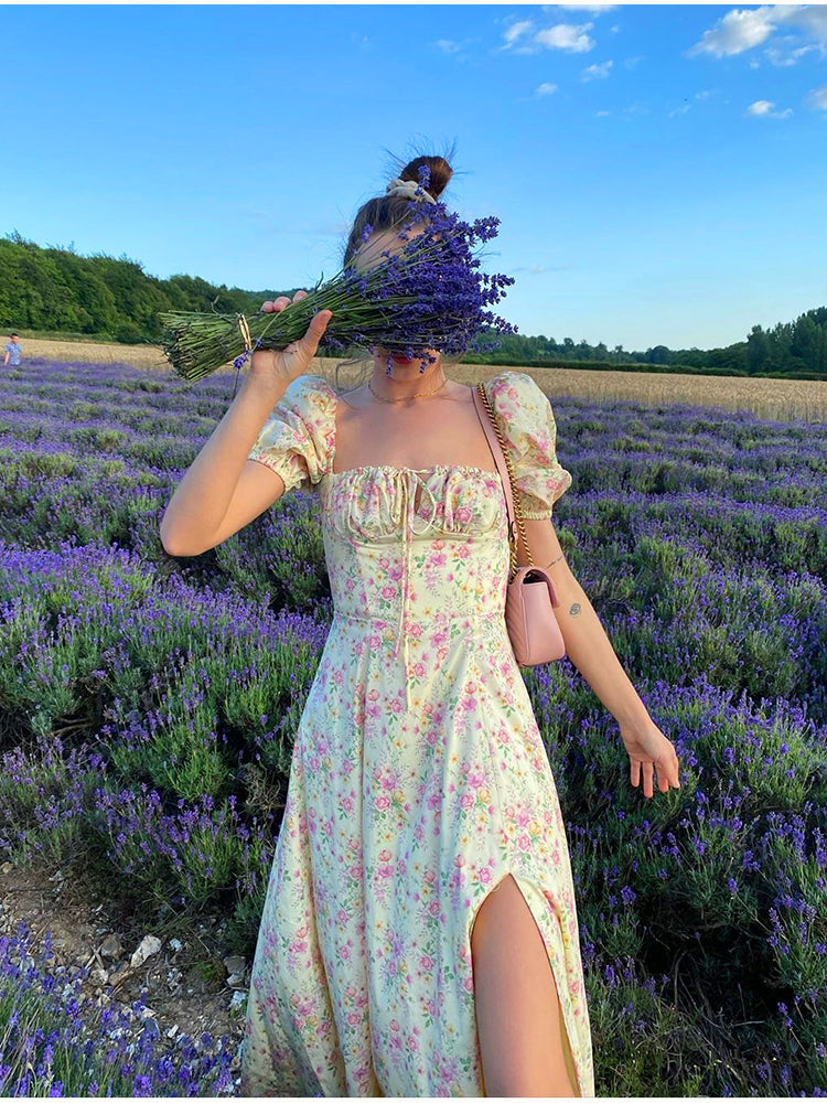 Summer Floral Print Party Long Dresses Puff Short Sleeve Elegant Club Chic Maxi Split Dresses The Clothing Company Sydney