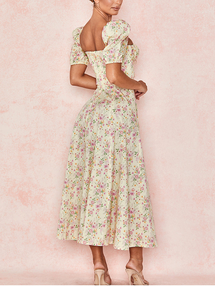 Summer Floral Print Party Long Dresses Puff Short Sleeve Elegant Club Chic Maxi Split Dresses The Clothing Company Sydney