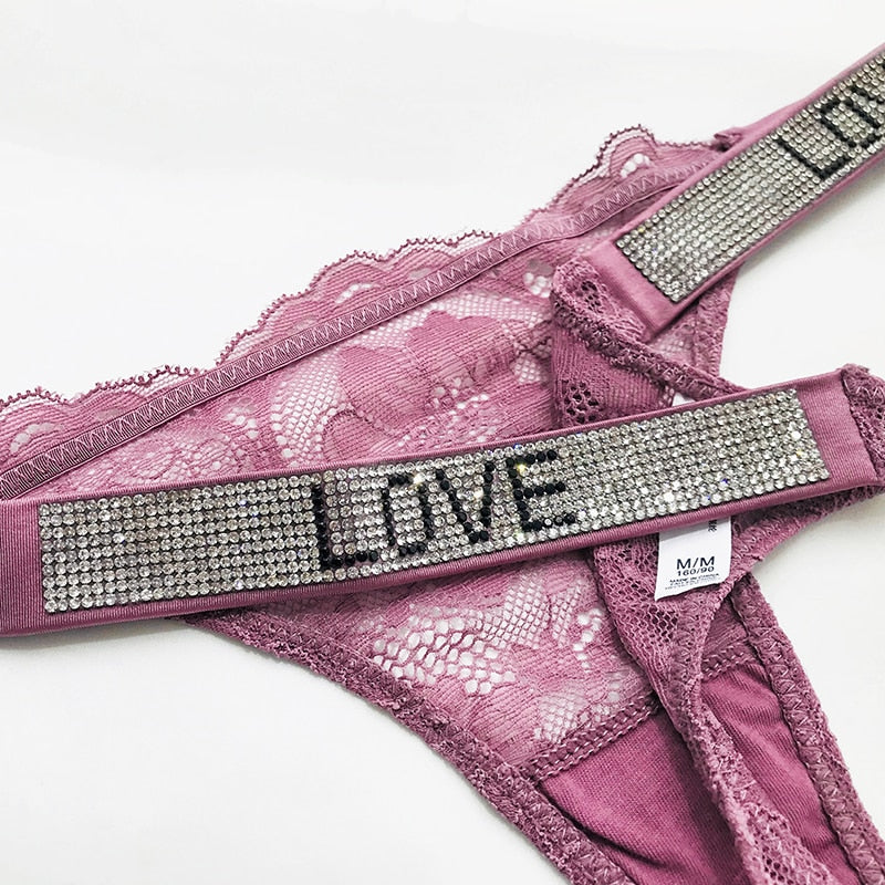 Underwear Rhinestone Letter Thongs Lace Transparent T Back for Low Rise Soft Panties Black Lingerie G String The Clothing Company Sydney