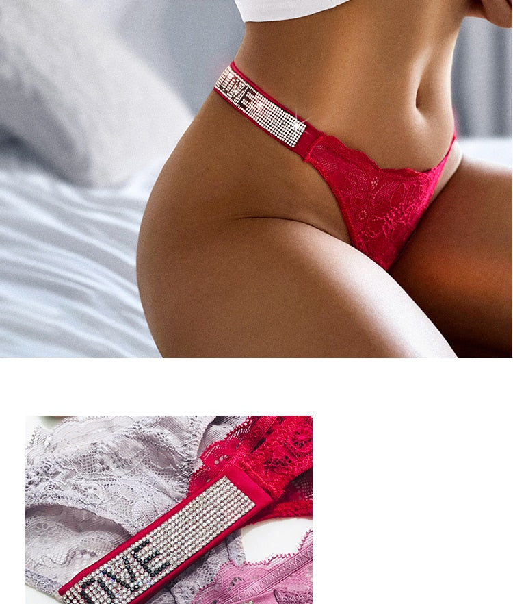 Underwear Rhinestone Letter Thongs Lace Transparent T Back for Low Rise Soft Panties Black Lingerie G String The Clothing Company Sydney