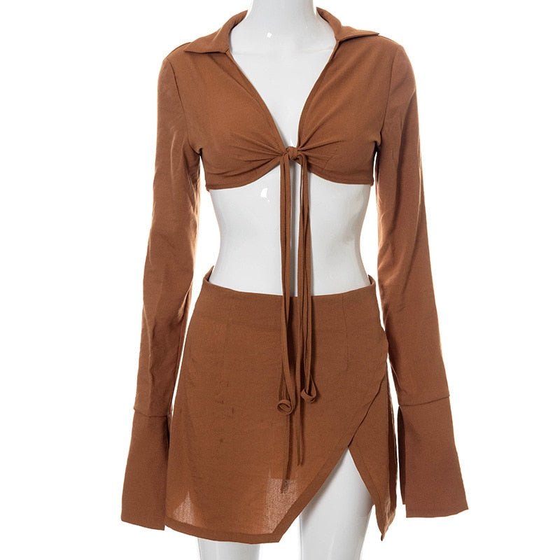 Bandage Tie Front Top and Skirt Set Fall Matching Set Split Skirt Club Party Outfit The Clothing Company Sydney