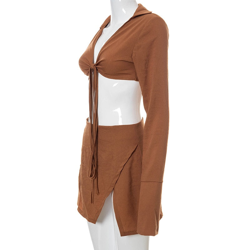 Bandage Tie Front Top and Skirt Set Fall Matching Set Split Skirt Club Party Outfit The Clothing Company Sydney