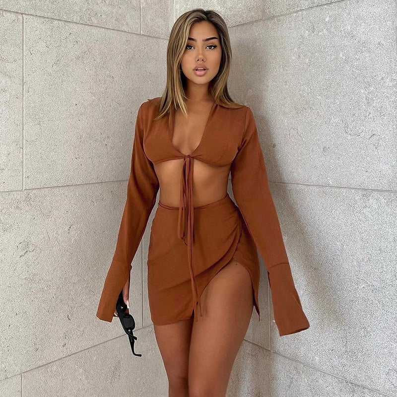 Bandage Tie Front Top and Skirt Set Fall Matching Set Split Skirt Club Party Outfit The Clothing Company Sydney