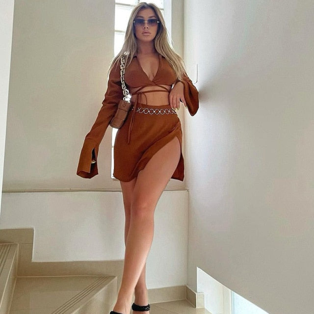 Bandage Tie Front Top and Skirt Set Fall Matching Set Split Skirt Club Party Outfit The Clothing Company Sydney